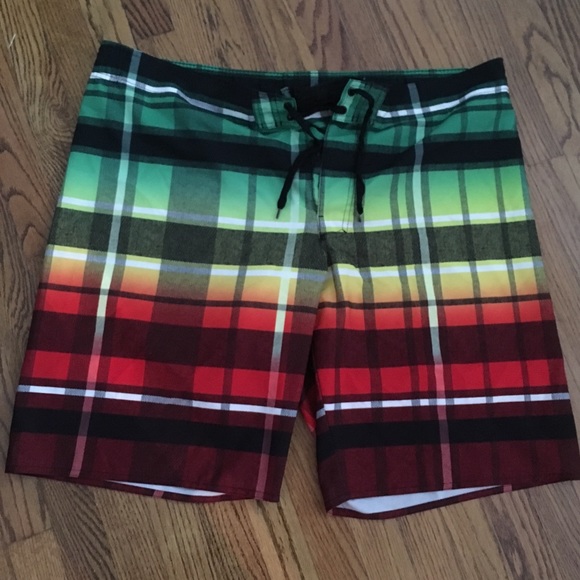 Hang Ten board shorts plaid colorful red green - Picture 1 of 3
